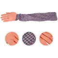 Detail view of prosthetic prank hand with realistic skin texture and plaid fabric sleeve - Flesh Color With Plaid Sleeve