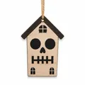 Detail of Halloween wooden house ornament with skull face and jute hanging rope - Skull House / Style A