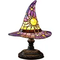 Vintage-Tischlampe im Hexenhut-Stil mit Buntglaseffekt und Sonnen-Sternen-Muster - Lila