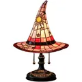 Gothic Hexenhut Tischlampe mit Buntglas-Sonnen- und Sternmustern für Halloween Dekor. - Rot