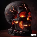 Detailaufnahme einer gotischen Lavastein-Totenkopf-Lampe mit orangefarbenen Rissen - Stil A