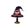 Close-up detail of witch hat table lamp featuring purple stained glass and bat motifs - Purple