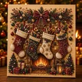 Kit d'arte con perle di Natale fai-da-te con calze e caminetto su tela artistica - Gruppo di Calze di Natale