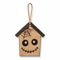 Close-up of Halloween wooden house ornament featuring spider web and scary face pattern - Style E