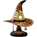 Detaillierte Ansicht der gotischen Hexenhut-Nachtlampe mit Sonnenmuster aus Glasmosaik - Gelb