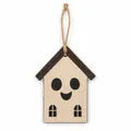 Close-up of wooden house Halloween hanging ornament with a cute ghost face design - Style G
