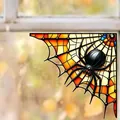 Halloween Spinnennetz-Eckendekoration mit Glasmalerei-Effekt und schwarzer Spinne - Stil D / 20x20x0,2cm