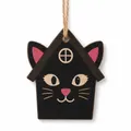 Detailed view of handcrafted black wooden cat house ornament for Halloween tree decoration - Style H