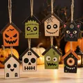 Set of 8 Halloween wooden house pendants with cute monster facial expressions decorations - 8 Pieces Variety