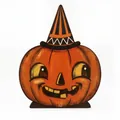 Decoración de Halloween de madera, calabaza con sombrero de mago, estilo vintage. - Calabaza Sombrero de Mago