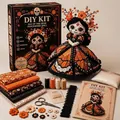 Close-up of Day of the Dead DIY patchwork doll kit with fabrics and tools - Butterfly Soul Style D