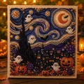 Detailed view of finished Halloween pearl art kit featuring ghosts and starry night sky - Van Gogh Starry Night Castle Style (B)