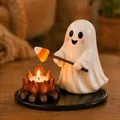 Halloween ceramic ghost figurine tea light holder with campfire and marshmallow detail - Ghost Style
