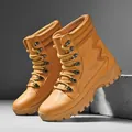 Durable yellow leather high-top tactical hiking boots for men with rubber soles - 36 / Brown