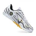 White soccer cleats featuring black gold wavy graphics and durable turf outsoles - 31 / Turf Style (158) / White Gold