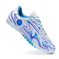 White and blue turf soccer cleats with artistic wave pattern and compass design - 31 / Turf Style (158) / White Blue