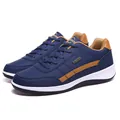 Durable blue men's waterproof casual sneakers with tan accents and white sole - 38 / Dark Blue