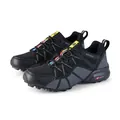 Black men's hiking shoe featuring breathable mesh and vibrant colorful ribbon accents. - 40 / Black