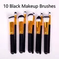 Set of 10 professional makeup brushes with elegant black handles and golden ferrules - 10 Piece Set / Black
