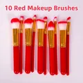 Coffret de 10 pinceaux de maquillage rouges professionnels avec viroles dorées et fibres douces - Lot de 10 Pièces / Rouge