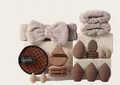 Detailansicht eines professionellen Make-up-Schwamm-Sets und Plüsch-Stirnbands. - 20-Teiliges Puff-Set [Kaffee]