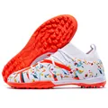 White turf soccer shoes with orange sole and colorful splatter patterns for training - 35 / TF Turf / White Orange Turf Cleats