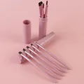 Detail view of 5-piece pink makeup brush set with matching portable storage tube - 5 Pieces Set (Includes Storage Tube) / Pink