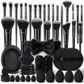 Set completo de 36 piezas de maquillaje profesional con brochas negras, esponjas y cinta - Juego de 51 piezas / Negro