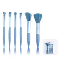 Detail shot of a 6-piece mini makeup brush set with a portable blue travel pouch. - Sky Blue / Portable Kit / Blue