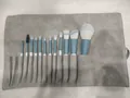 Professional 12pcs sky blue makeup brush set with grey roll-up storage bag pack - 12 Brushes + Grey Roll-up Bag