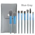 8-piece mini makeup brush set with grey storage pouch in stylish blue-grey color - 8Pcs Set / PU Leather Pouch / Haze Blue