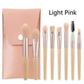 8-piece mini makeup brush set with soft bristles and a light pink storage pouch. - 8Pcs Set / PU Leather Pouch / Ivory Rice