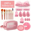 Set completo de 28 piezas de brochas de maquillaje y esponjas rosas con neceser rosa - Juego de 28 piezas / Rosa