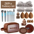 Set de maquillaje de 28 piezas con brochas, esponjas y neceser en tonos marrones - Juego de 28 piezas / Azul