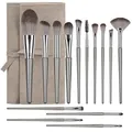 Kit de 14 pinceaux de maquillage professionnels avec pochette de rangement grise - Set de 14 Pinceaux de Maquillage avec Sac à Emplacements
