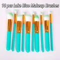 10pcs turquoise makeup brush set with soft synthetic bristles and shiny gold ferrule - 10-Piece Set / Lake Blue