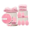 Vista dettagliata del kit trucco rosa da 40 pezzi con spugne, piumini e fascia. - Set da 20 Pezzi / Rosa