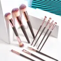 Set di pennelli da trucco champagne con manici marroni e ghiere in oro rosa - 10 Pezzi (Doppia punta) / Champagne