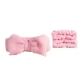 Set fascia per capelli con fiocco in peluche rosa e polsini per lavaggio viso - Set di 3 pezzi / Rosa