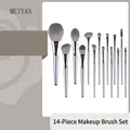 Professionele 14-delige make-up borstelset met zilveren handvat en grijze haren. - Chujian-serie / 14 Stuks (Hoogwaardige Synthetische Vezel) / Zilvergrijs Handvat
