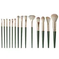 Professionele 14-delige make-up borstelset met groene handvaten en roségoud. - Groene Wolk Serie / 14 Stuks (Crèmewitte Gradiënt Borstelharen) / Donkergroen Handvat