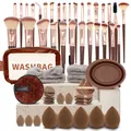 Set completo da 40 pezzi di pennelli e spugnette per trucco marroni con borsa - 56 PEZZI / Caffè