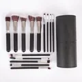 Set professionnel de 14 pinceaux de maquillage avec longs manches et étui en cuir noir - 14 Pièces/Paquet / Noir Argent (Avec Tube Noir)