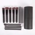 Set de 14 pinceaux de maquillage professionnels avec étui cylindrique en cuir noir - 14 Pièces/Paquet / Tout Noir (Avec Tube Noir)