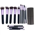 Set professionale di 14 pennelli da trucco viola con setole sintetiche e custodia - 14 Pennelli e tubo di conservazione / Manico in Legno Viola