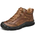 Brown genuine leather outdoor hiking shoes with durable rubber sole for men - 38 / Tan