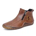 Mens brown leather mid-top casual boots with side zipper and contrast white stitching - 38 / Brown