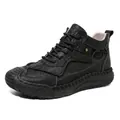 Black mid-top handmade casual shoes with stitched details and thick anti-slip sole - 38 / Black