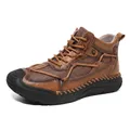 Men's brown mid-top handmade leather casual shoes featuring breathable mesh panels - 38 / Light Brown