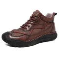 Classic men's handmade mid-top brown leather casual shoes, large sizes 38-48 available - 38 / Dark Brown